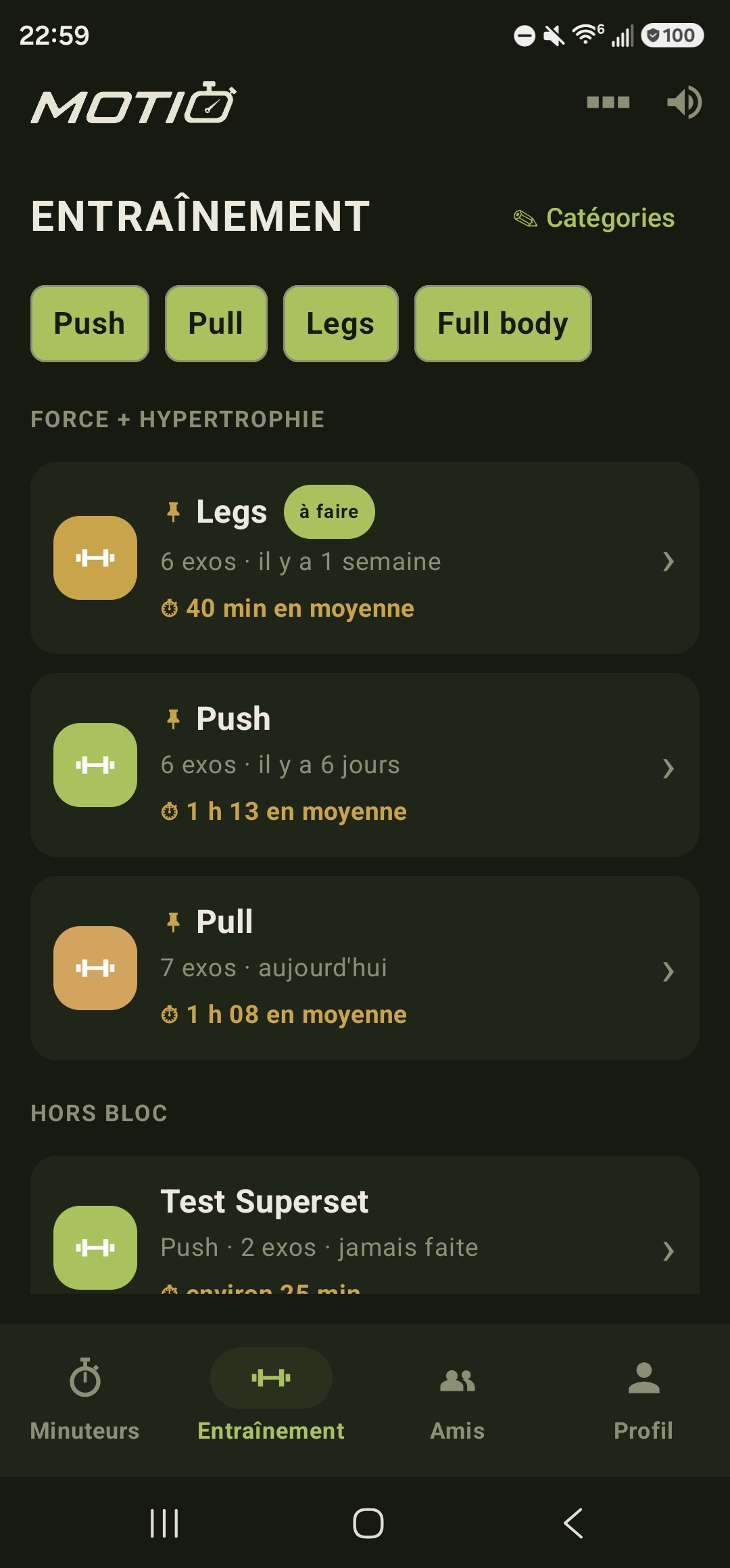 Liste des séances d'entraînement dans Motio