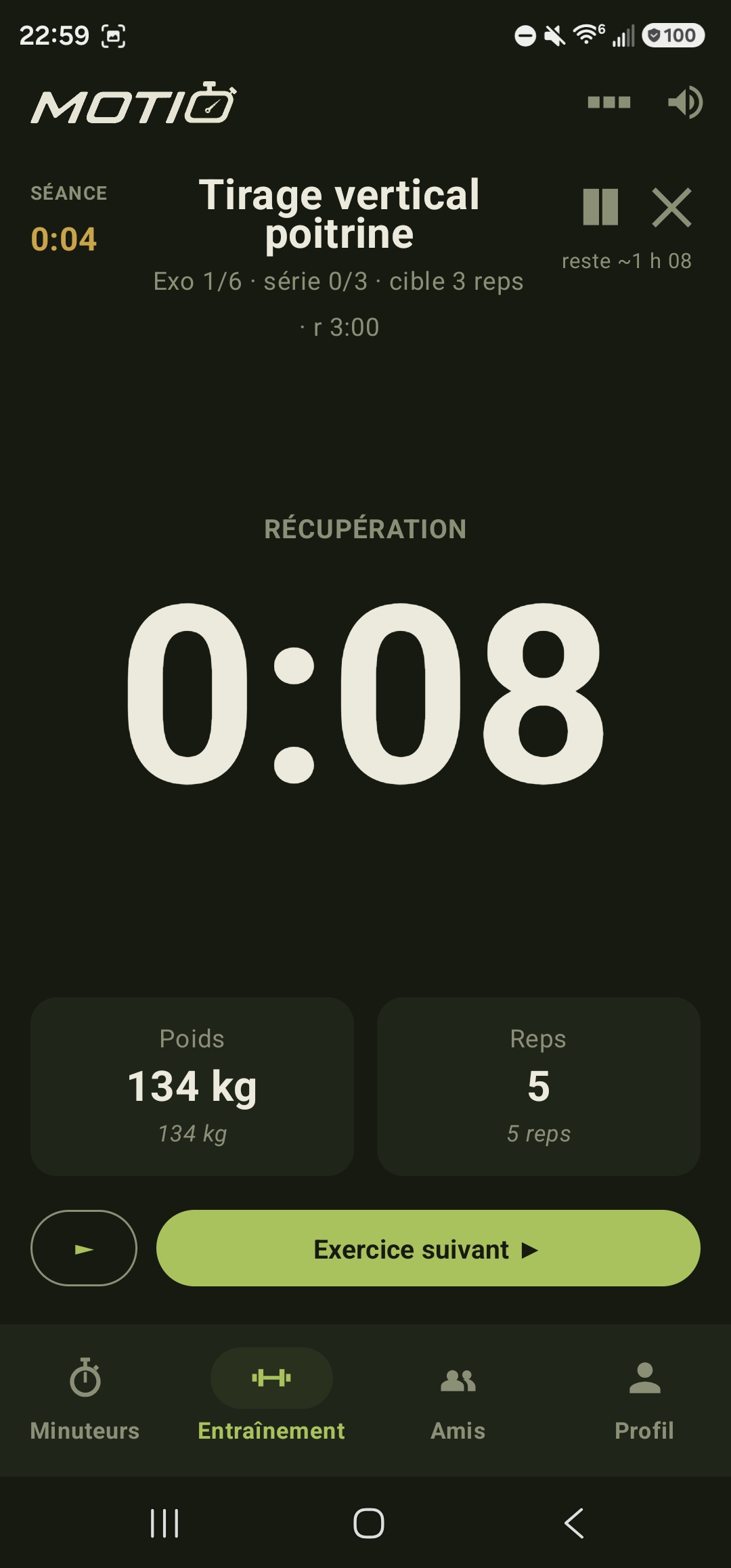 Moti dans l'application, pendant la récupération entre deux séries