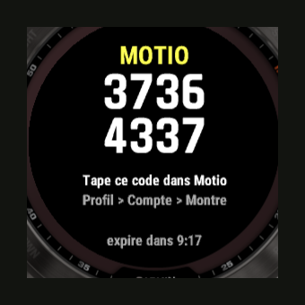 La montre affiche un code à huit chiffres à recopier dans Motio