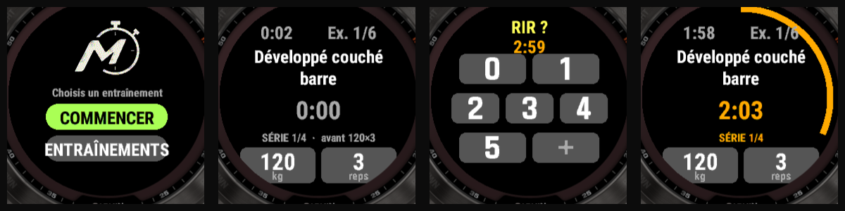 Quatre écrans de Motio sur une montre Garmin fēnix : accueil, série en cours, saisie du RIR, récupération